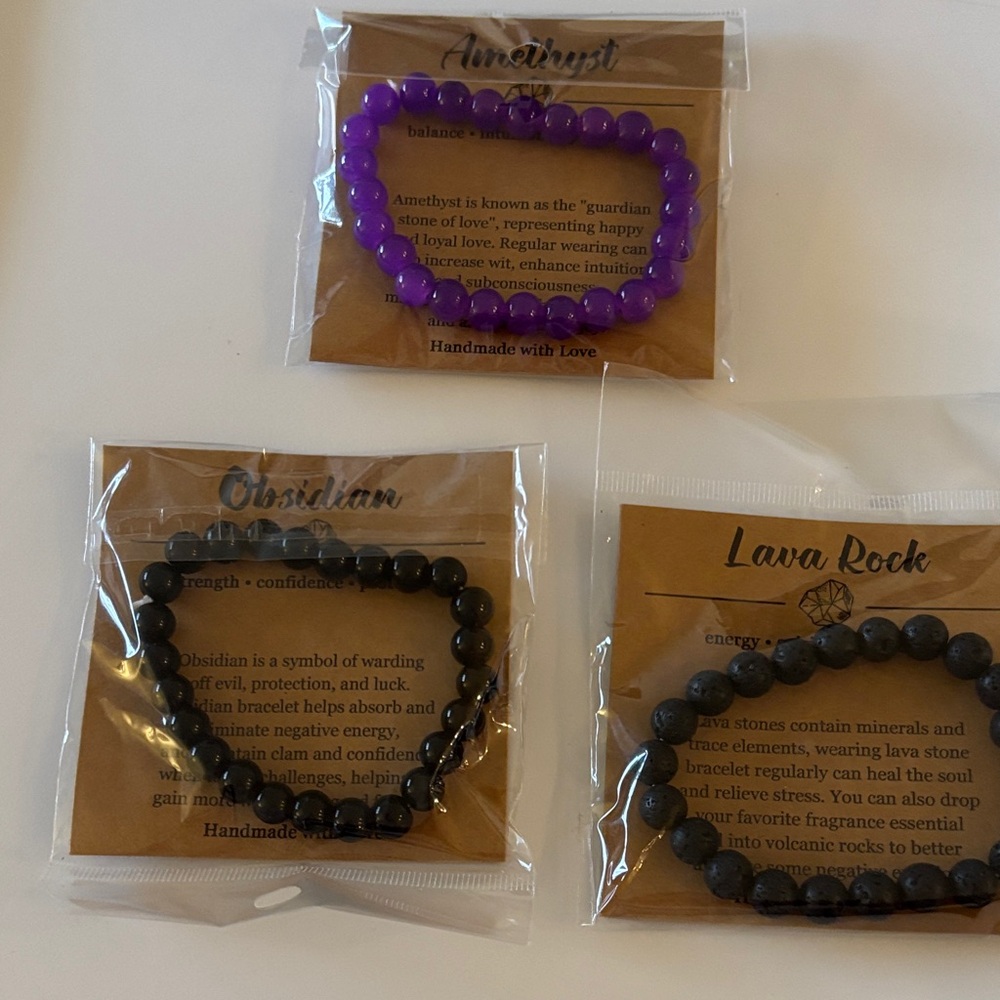 Purple Amethyst, Lava, and Black Obsidian Bracelets